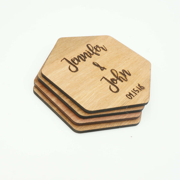 Custom Modern Hexagon Wooden Drink Coasters Couples Name Wedding Date Gift-Set of 6- Le Petit Pain