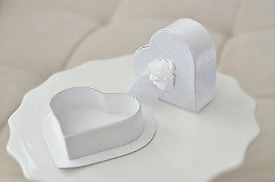 2 White Satin Heart Shaped Jewelry Gift Box with Rose Gift Tag Wedding Anniversary - le petit pain