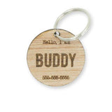Custom Personalized Circle Hello Wood Pet Name Phone Number Identification Dog Tag Engraved Dog Collar- Le Petit Pain