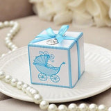10 Blue Baby Carriage Favor Boxes with Thank You Baby Bib Charms & Ribbons - le petit pain