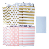 12 Pink Gold Foil Paper Gift Bags with Tissue Paper Satin Ribbon Handles