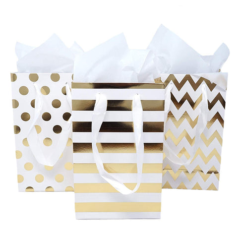 12 Gold Foil Paper Gift Bags with Tissue Paper Satin Ribbon Handles