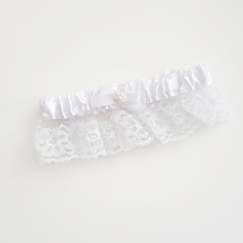 White Satin Pearls and Lace Garter Wedding Bridal Accessory