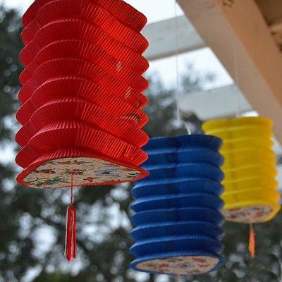 3 Triangle Asian Style Chinese Fan Lanterns Hanging Multi Color