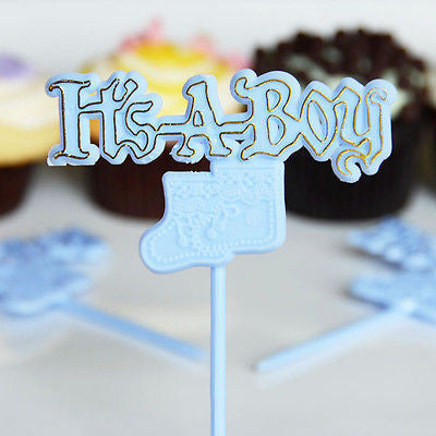12 It's A Boy Booties Blue and Gold Bakery Cake Topper Picks Baby Shower Decor - le petit pain