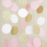 Pink White and Gold Glitter Circle Polka Dots Paper Garland Banner 10 FT Banner- Le Petit Pain