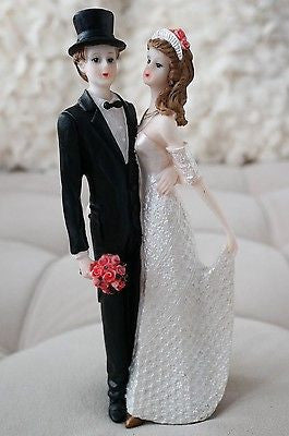 Vintage Bride and Groom Cake Topper Tux Top hat White Gown Figurine 8.75" Tall- Le Petit Pain