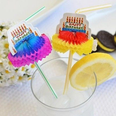 8 Happy Birthday Cake Honeycomb Flexible Drinking Straws 9.5" - le petit pain