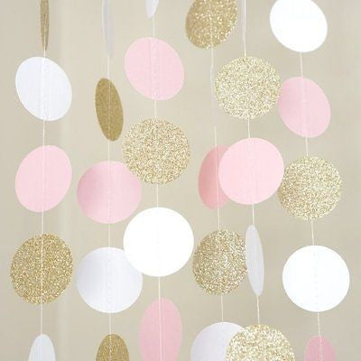 Pink White and Gold Glitter Circle Polka Dots Paper Garland Banner 10 FT Banner- Le Petit Pain