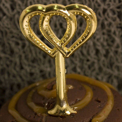 12 Vintage Style Gold Double Twin Heart Cupcake Cake Pick, Weddings, Valentine's Day, Anniversary - le petit pain