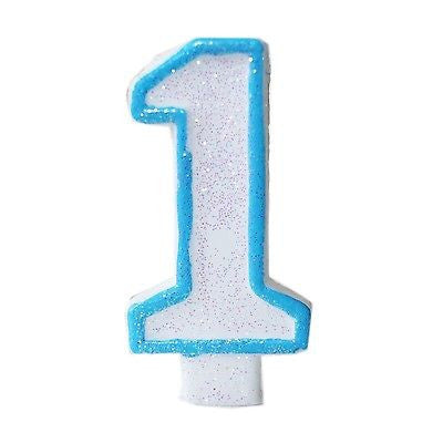 Blue Glitter Numeral 1 Number Candle White Premium 1st Birthday Cake Candle- Le Petit Pain