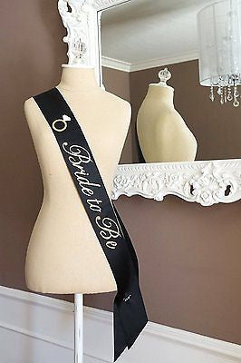 Black and Gold Glitter Bride to Be Bachelorette Sash with Crystal Pin Wedding Party Ribbon- Le Petit Pain