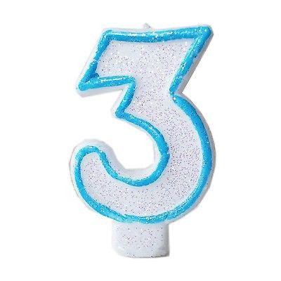Blue Glitter Numeral 3 Number Candle White Premium 3rd Birthday Cake Candle- Le Petit Pain