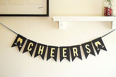 Gold Black Cheers Banner, Birthday Celebration Banner, New Years Party Decor- Le Petit Pain