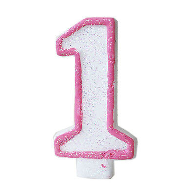 Pink Glitter 1 Number Candle White Premium 1st Birthday Cake Candle Anniversary- Le Petit Pain