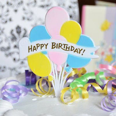 2 Pink Yellow Blue Happy Birthday and Balloons Picks Cake Topper 6.25" - le petit pain