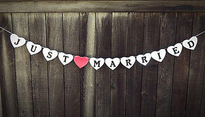 Heart Shaped Just Married Wedding Banner Pearl White Wedding Sign Photo Prop- Le Petit Pain