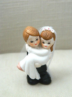 Bride and Groom Cake Topper Crossing Threshold Light Brown Hair with Veil Vintage- Le Petit Pain