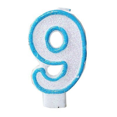 Blue Glitter Numeral 9 Number Candle White Premium Birthday Candle- Le Petit Pain