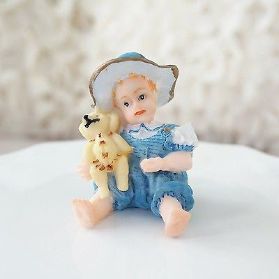 Vintage Style Blue Boy with Teddy Bear Figurine Statue Classic Americana Baby- Le Petit Pain