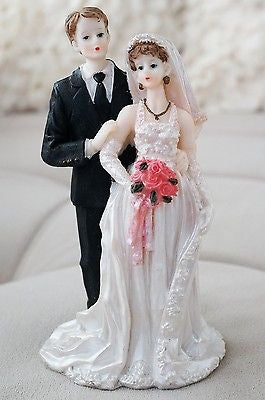 Vintage Bride and Groom Cake Topper with Rose Bouquet Halter Wedding Dress- Le Petit Pain