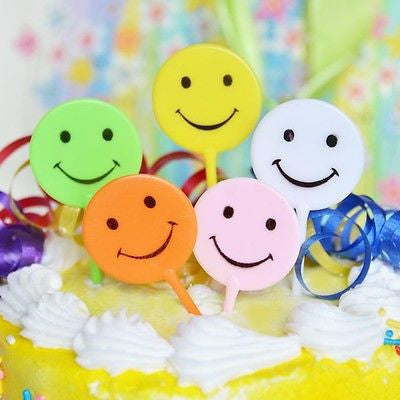 5 Retro Smiley Smile Happy Face Cake Picks Cupcake Topper Assorted Colors 90s - le petit pain