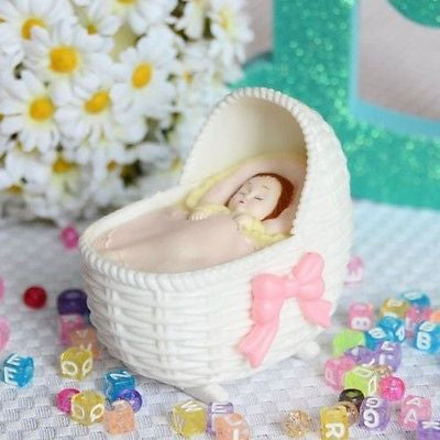 Pink Bassinet with Sleeping Baby Girl Favor Craft DIY Baby Shower Gender Reveal- Le Petit Pain