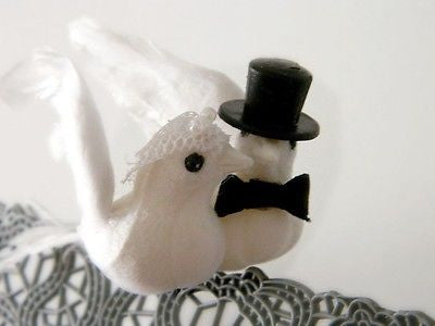 Dove Couple with Veil Top Hat Tux Cake Topper 3" Feathered Wings Tree Branch Bird- Le Petit Pain