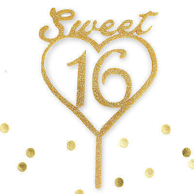 Sweet 16 Script Gold Glitter Acrylic Heart Birthday Cake Topper Party Decoration- Le Petit Pain