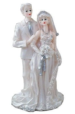 Vintage White Wedding Bride and Groom Cake Topper Silver & White with Veil- Le Petit Pain