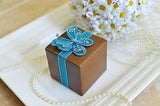 12 Rose Print Chocolate Brown Favor Boxes with Blue Gem Butterfly Ribbon - le petit pain