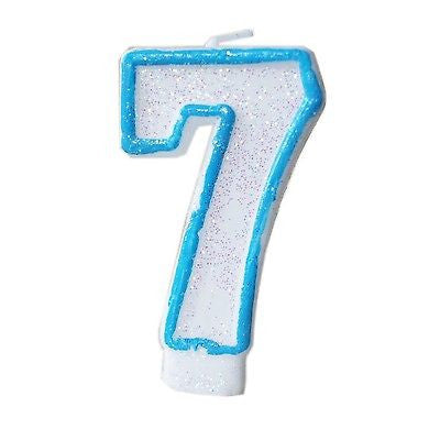Blue Glitter Numeral 7 Number Candle White Premium 7th Birthday Cake Candle- Le Petit Pain