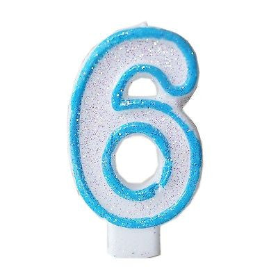Blue Glitter Numeral 6 Number Candle White Premium 6th Birthday Cake Candle- Le Petit Pain