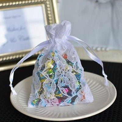 12 White Small Flower Lace Favor Bag Pouches with Satin Ribbon Wedding Birthday Baby Shower - le petit pain