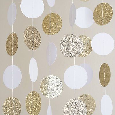 White and Gold Glitter Circle Polka Dots Paper Garland Banner 10 FT Banner- Le Petit Pain