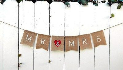 Mr and Mrs Burlap Red Heart Wedding Banner Photo Prop Rustic Flag Banner- Le Petit Pain