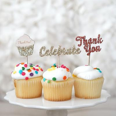 12 Glitter Thank You Celebrate Cupcake Picks Birthday Wedding Baby Shower Topper - le petit pain