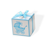 10 Blue Baby Carriage Favor Boxes with Thank You Baby Bib Charms & Ribbons