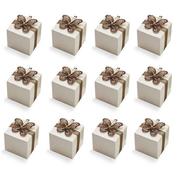 20 Rose Print Ivory White Favor Boxes with Brown Gem Butterfly Ribbon