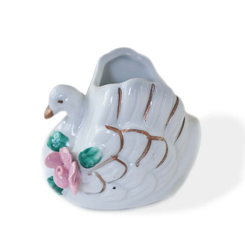 Small Off White Ceramic Swan Gold Trim Pink Flower Vase Vintage
