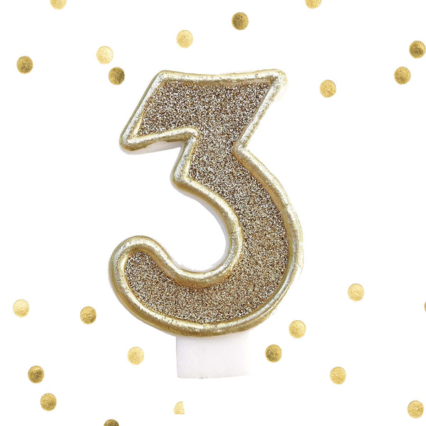 Light Gold Glitter Birthday Candle Number 3 Gold & White Anniversary Cake Topper Three- Le Petit Pain