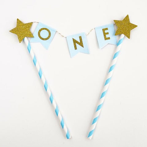 Blue Gold One Year Old Happy First Birthday Cake Topper Flag Banner Gold Glitter Stars- Le Petit Pain