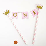 Pink Gold One Year Old Happy First Birthday Cake Topper Flag Banner Gold Glitter Princess Crowns- Le Petit Pain