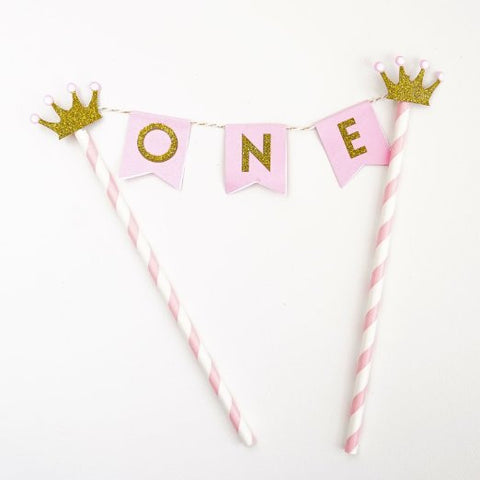 Pink Gold One Year Old Happy First Birthday Cake Topper Flag Banner Gold Glitter Princess Crowns- Le Petit Pain