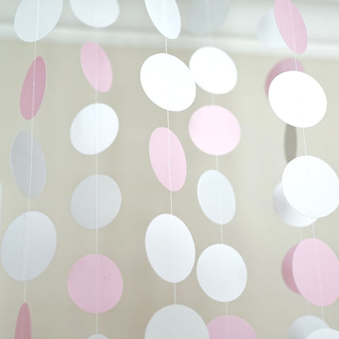 Pink White and Gray Glitter Circle Polka Dots Paper Garland 10 FT Banner Party Decor- Le Petit Pain