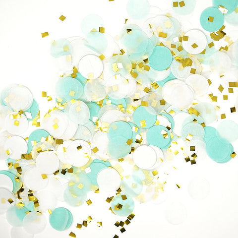 Mint White Gold Metallic Tissue Paper Shredded Circle Confetti Party Decoration- Le Petit Pain