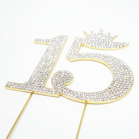15th Birthday Quinceanera 15 Crown Cake Topper Gold Crystal Rhinestone
