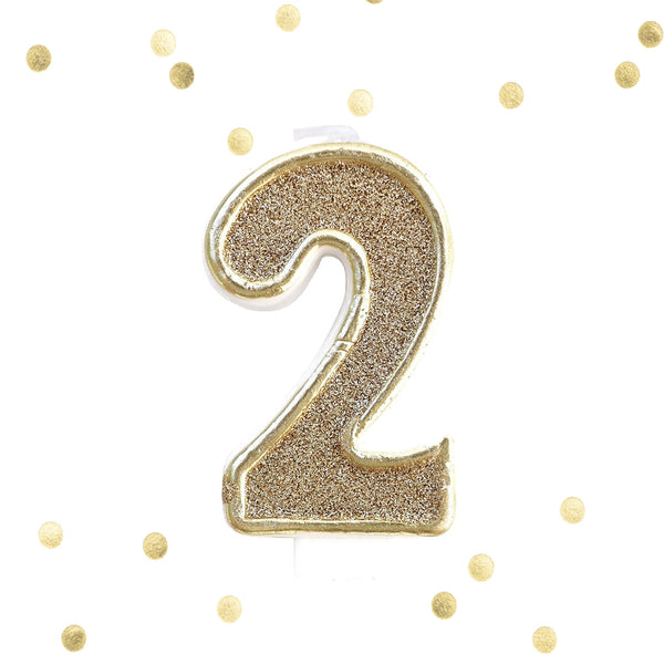 Gold Glitter Birthday Candle Number 2 Gold & White Anniversary Cake Topper Two- Le Petit Pain