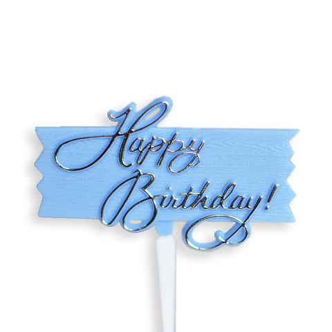 Baby Blue Silver Foil Happy Birthday Woodsy Cupcake Picks Set of 12