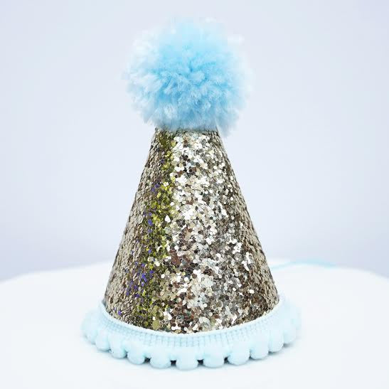 Gold Glitter Sparkles Blue Birthday Boy Cone Party Hat Toddler Smash Cake Pom Pom- Le Petit Pain